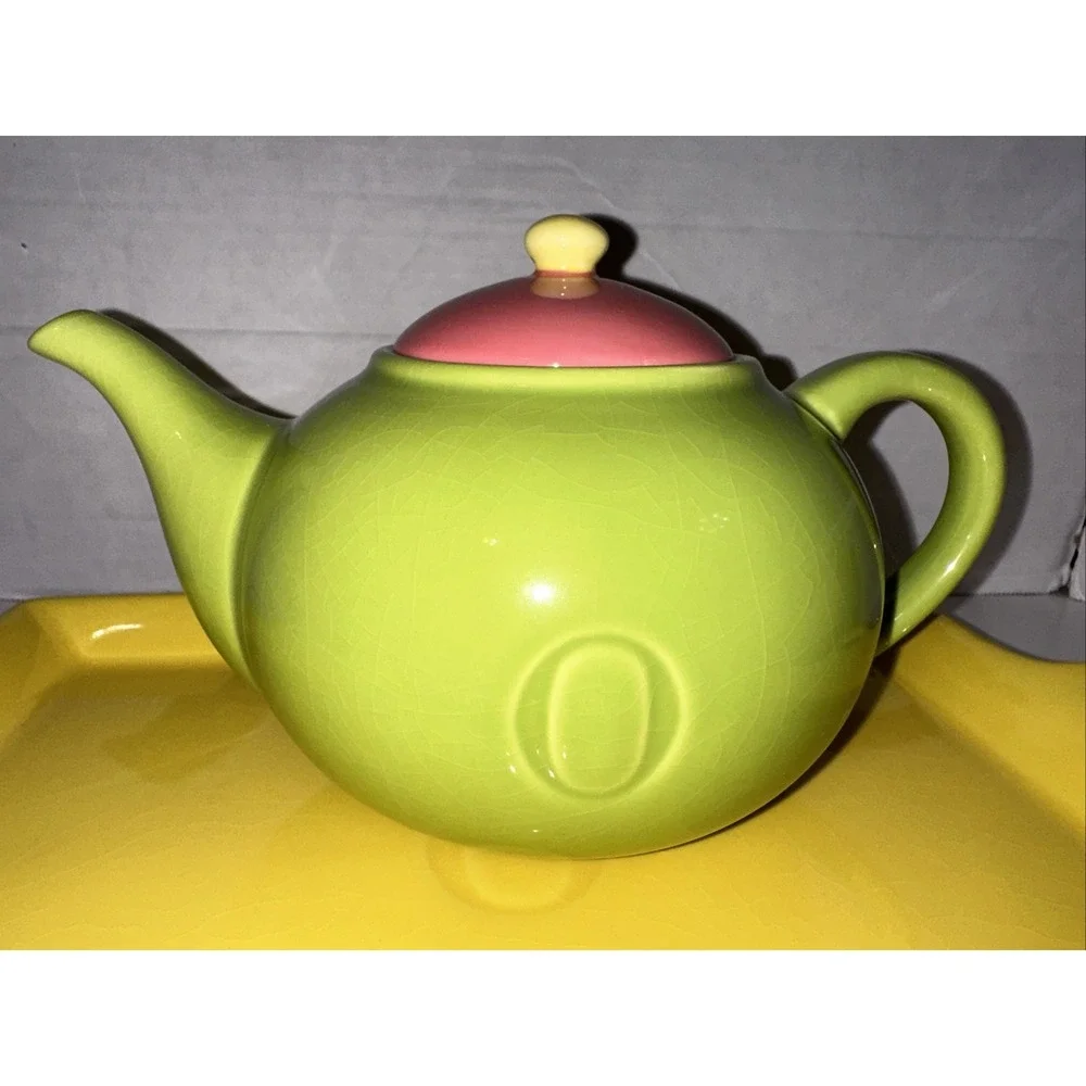 Tea Set Teapot‎ Two Mugs & Tray Green Pink Yellow Color Block 4pc Oprah Winfrey